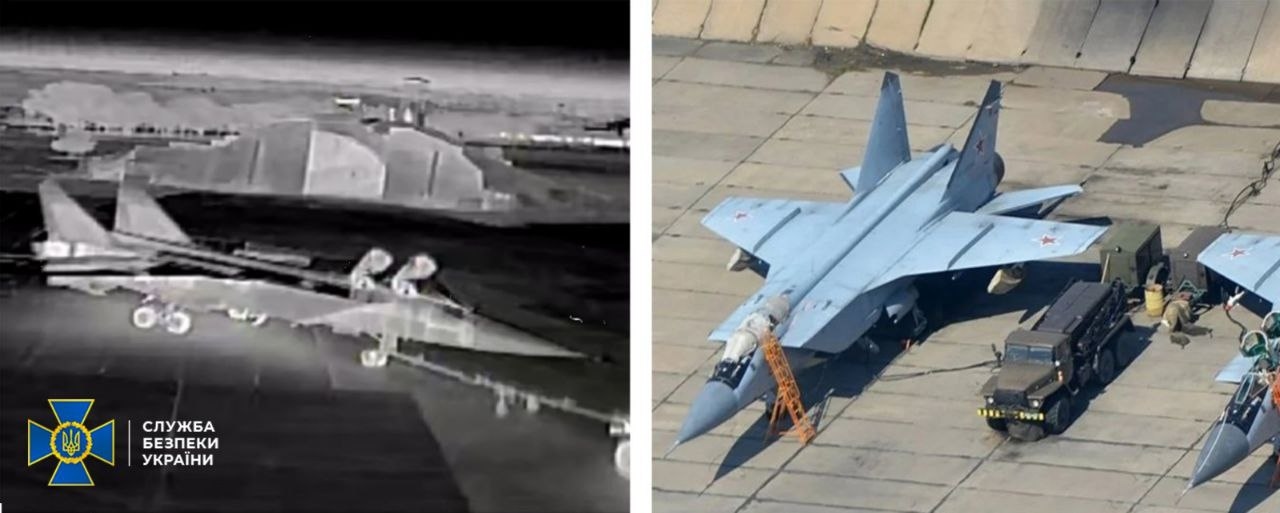 Атакованный БПЛА истребитель МиГ-31 на аэродроме Бельбек в Крыму