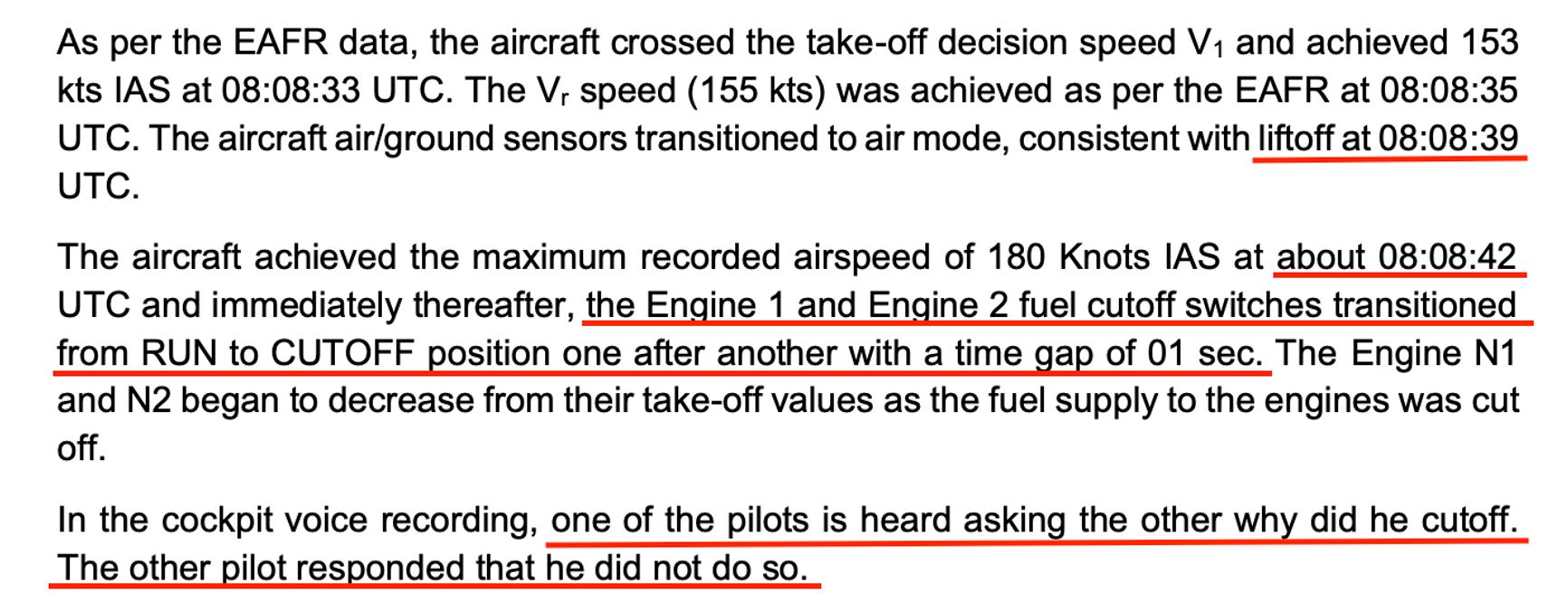 Скриншот из отчета Бюро по расследованию авиационных происшествий Индии