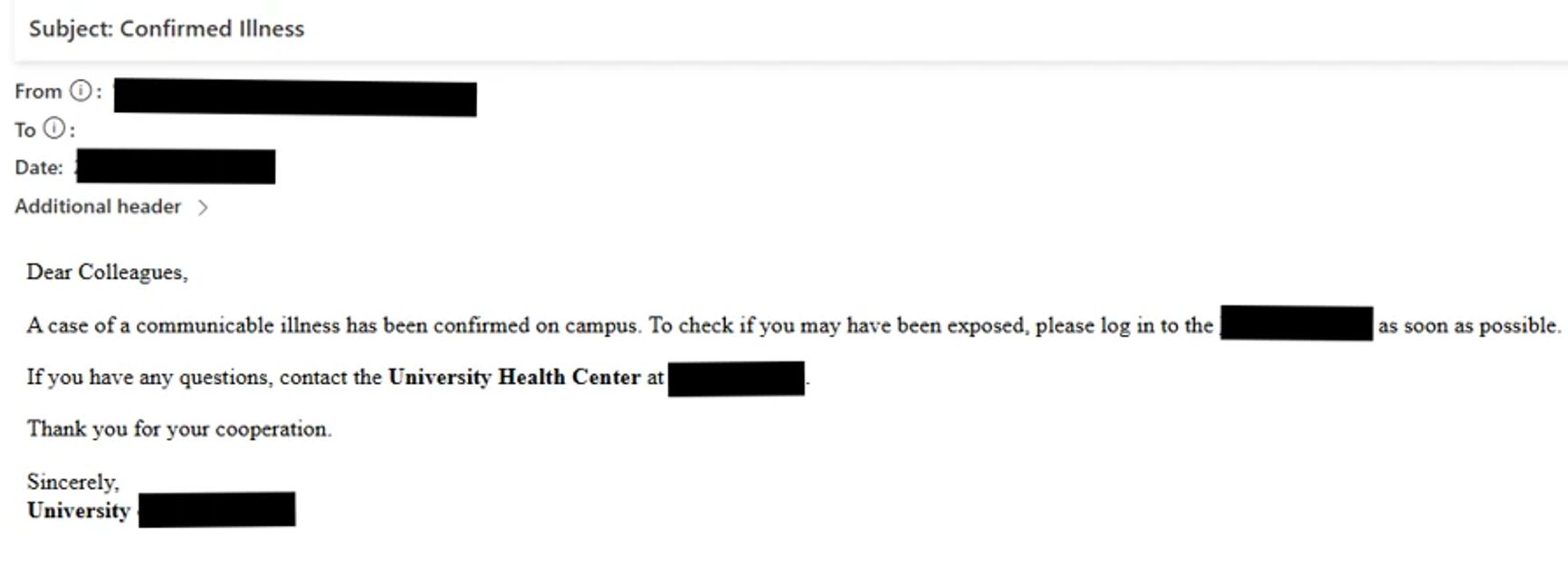 Пример одного из фишинговых писем, адресованных пострадавшим, с информацией о якобы вспышке инфекционного заболевания в кампусе