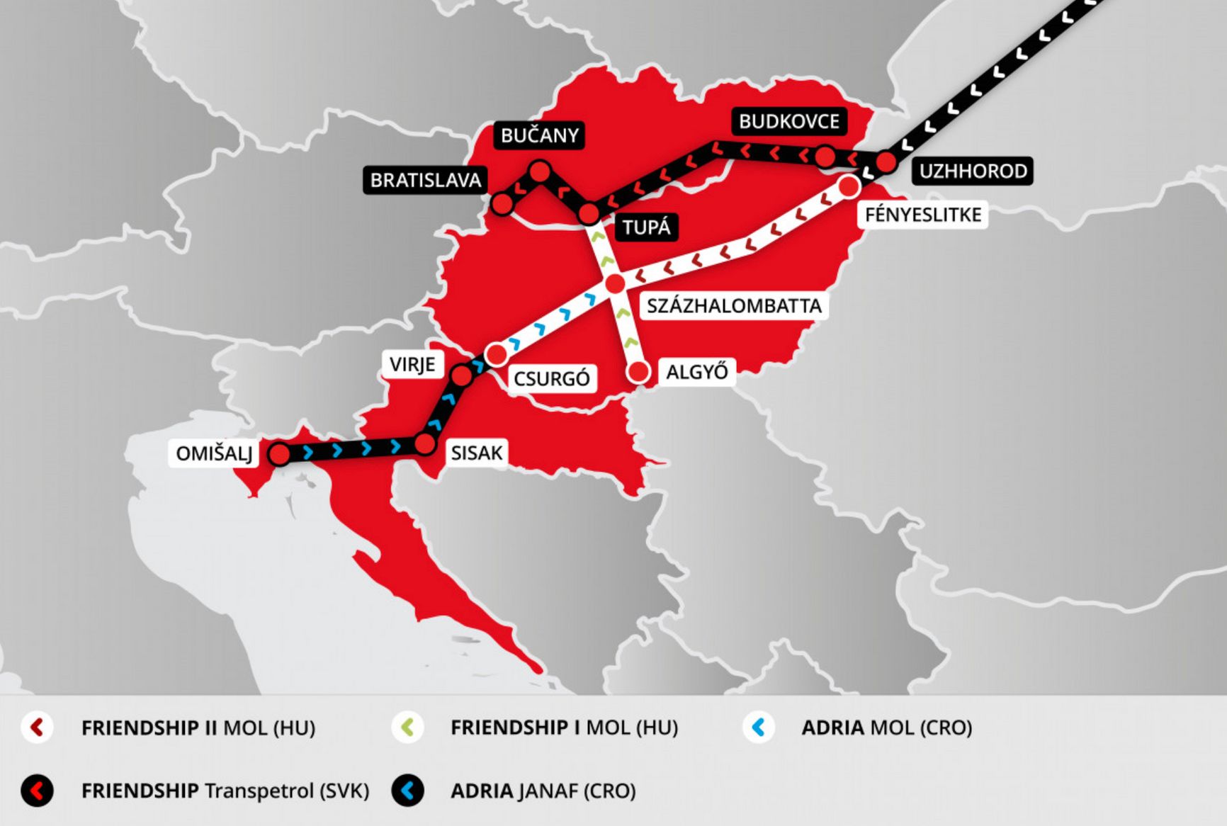 Схема нефтепроводов со стороны Хорватии в Венгрию («Адрия») и со стороны России в Венгрию («Дружба»)
