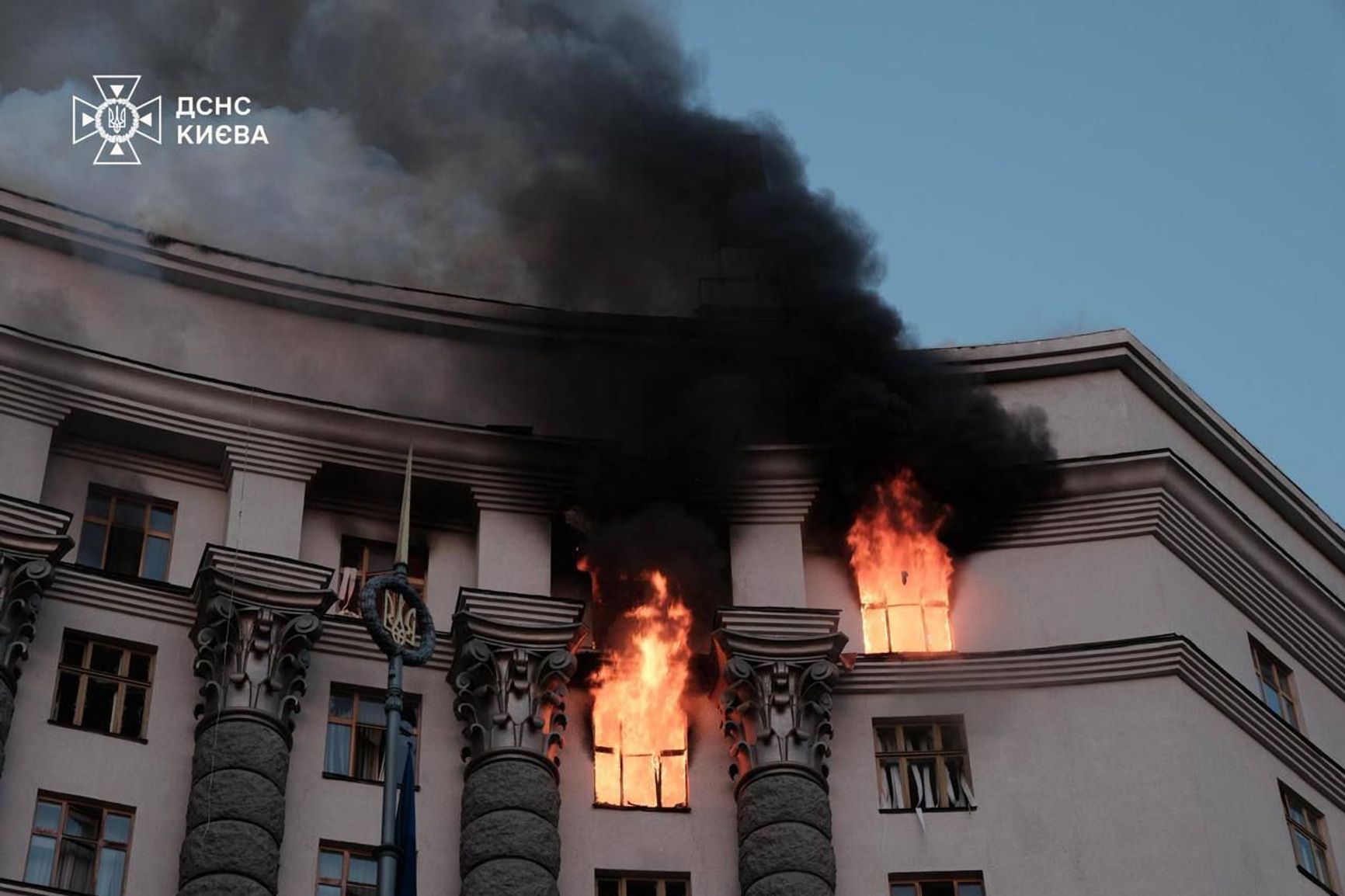 The Cabinet of Ministers building in Kyiv ablaze after the Russian attack on Sept. 7