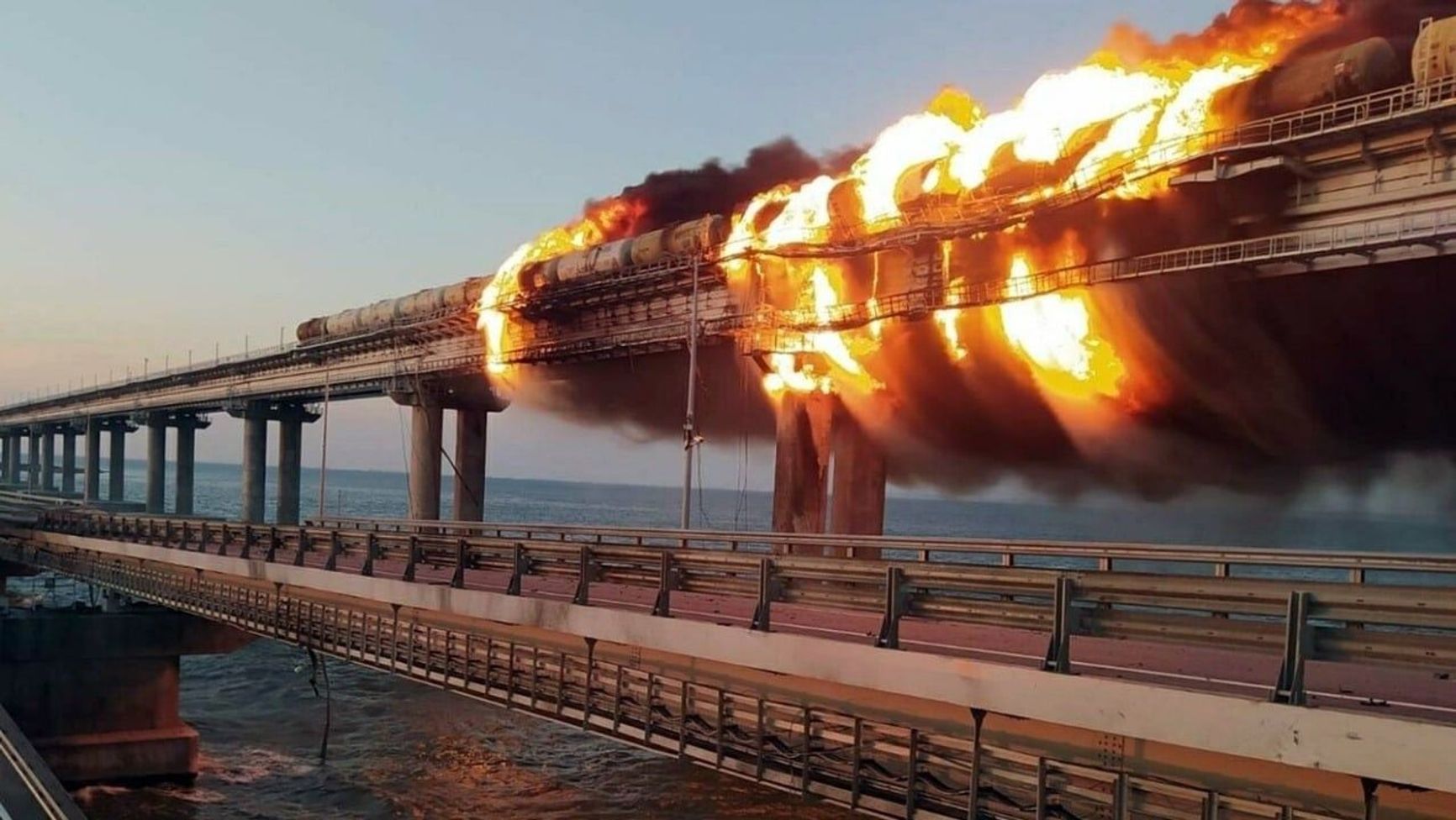 Aftermath of the explosion on the Kerch Bridge in October 2022