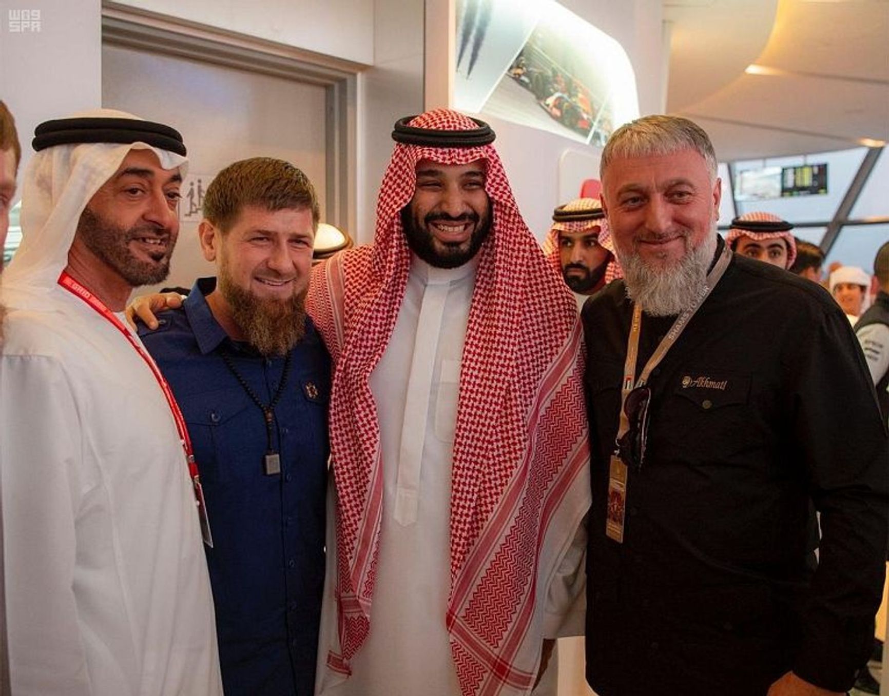 Crown Prince and Defense Minister of Saudi Arabia Mohammed bin Salman bin Abdulaziz; Crown Prince of Abu Dhabi, Deputy Supreme Commander of the UAE Armed Forces Sheikh Mohammed bin Zayed Al Nahyan; Chechen leader Ramzan Kadyrov; and Russian MP Adam Delimkhanov at a Formula 1 race