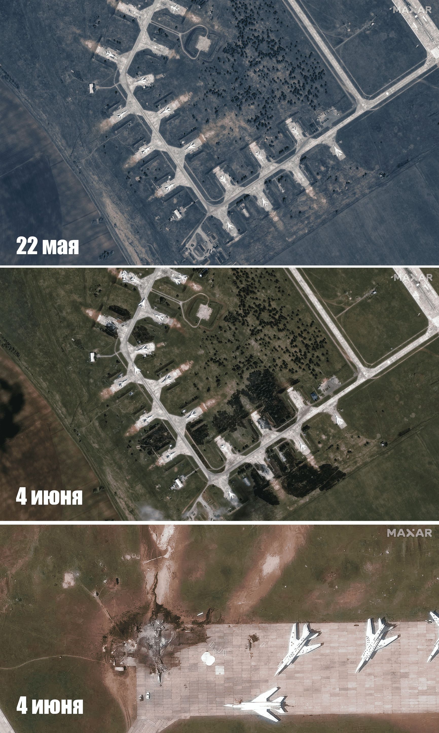 Maxar satellite images of Belaya air base captured on May 22 (top) and June 4 (middle and bottom)