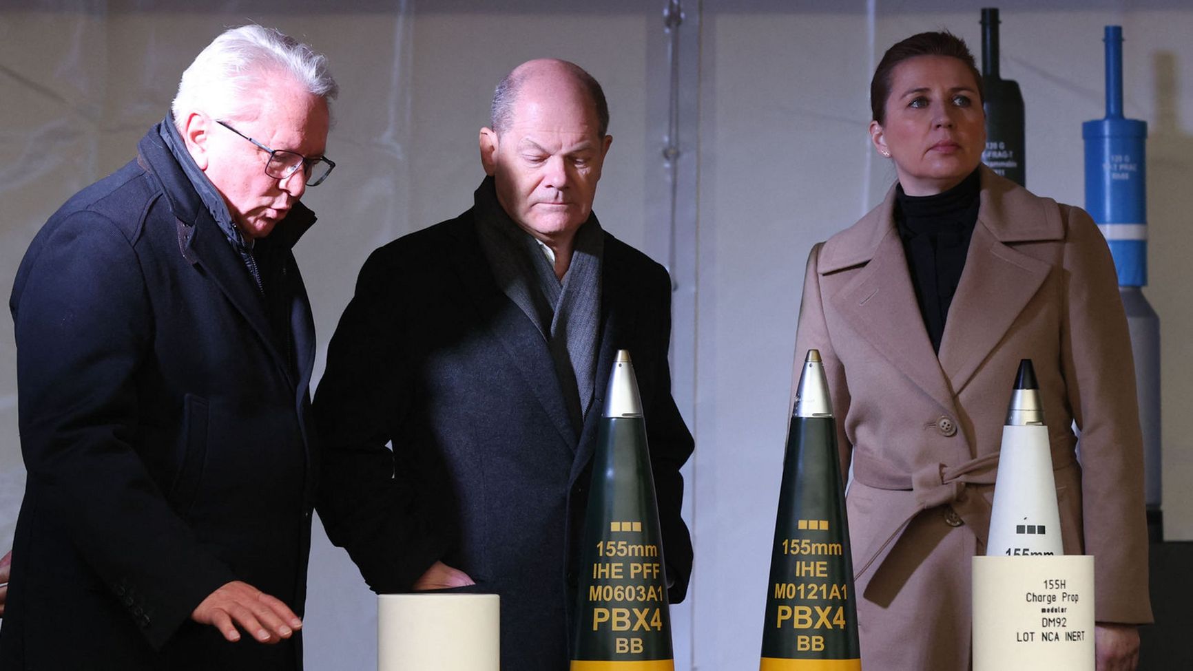 Rheinmetall CEO Armin Papperger, German Chancellor Olaf Scholz, and Danish Prime Minister Mette Frederiksen at the groundbreaking ceremony for a new ammunition production plant on February 12, 2024.